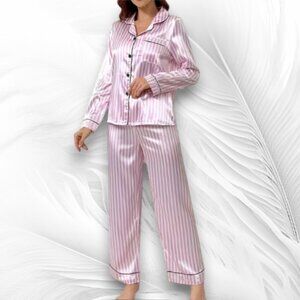 Pink & White Striped Satin Pajama Set with Black Piping – Size M